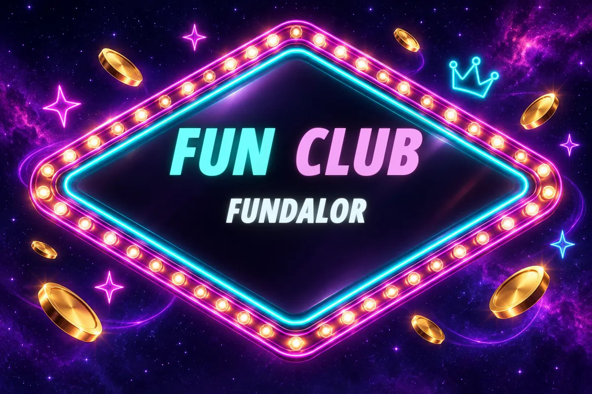Letrero de neón en forma de diamante con las palabras Fun Club Fundalor, focos y monedas doradas